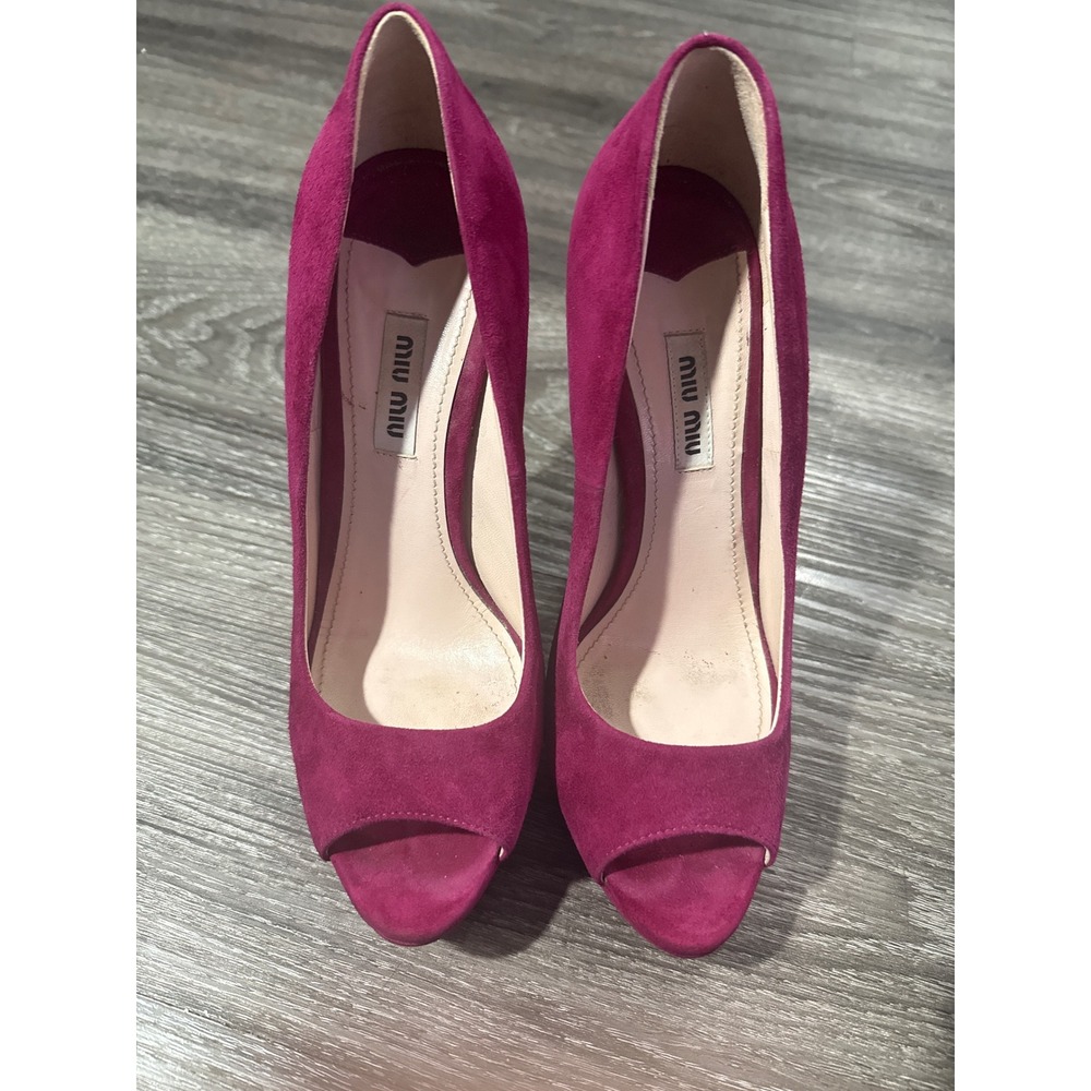 Miu Miu Magenta Pink Suede Glitter Platform Peep Toe Pumps Heels Size 37.5